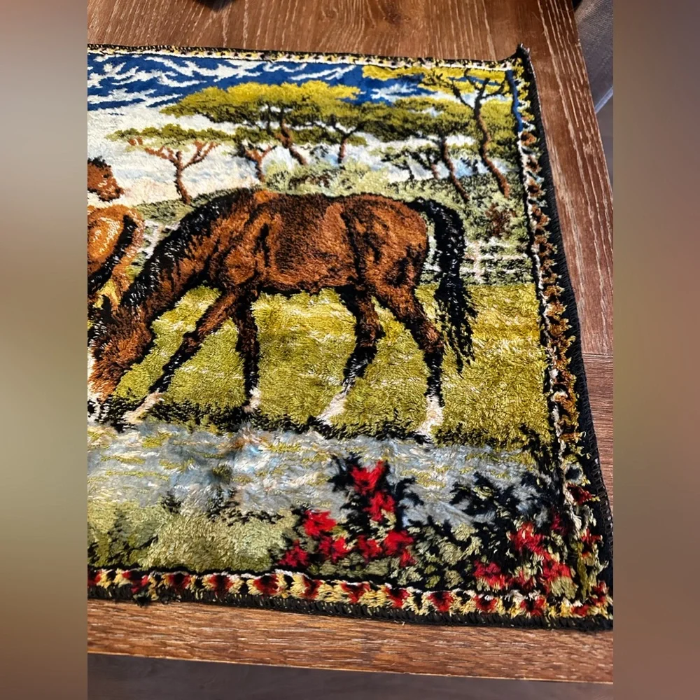 Vintage ITALIAN Velvet WILD HORSES Equine WALL Hanging TAPESTRY Rug MCM Italy